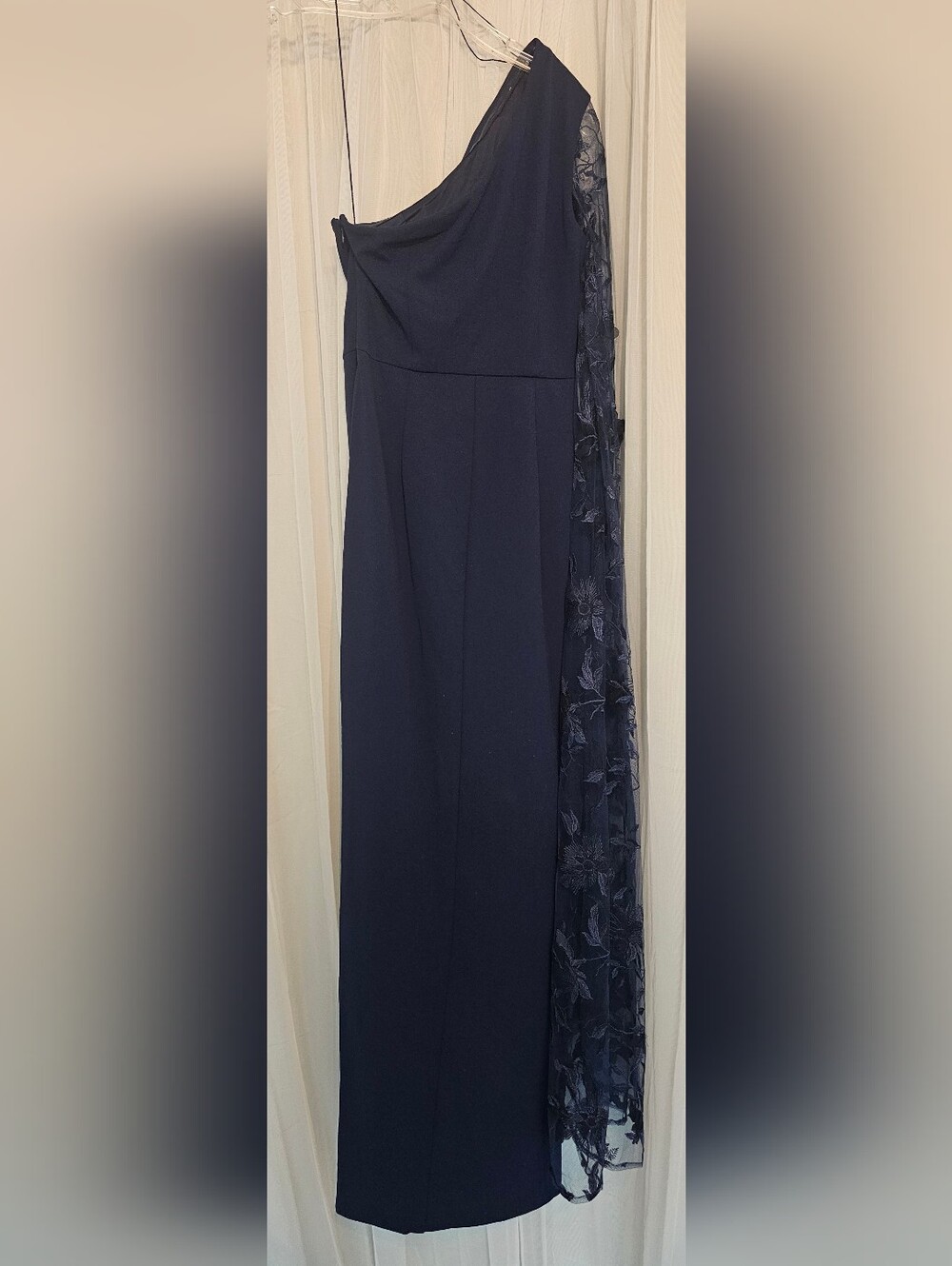 Adrianna Papell One-Shoulder Navy Evening Gown with Floral Sheer Cape Size 2 - Picture 5 of 5